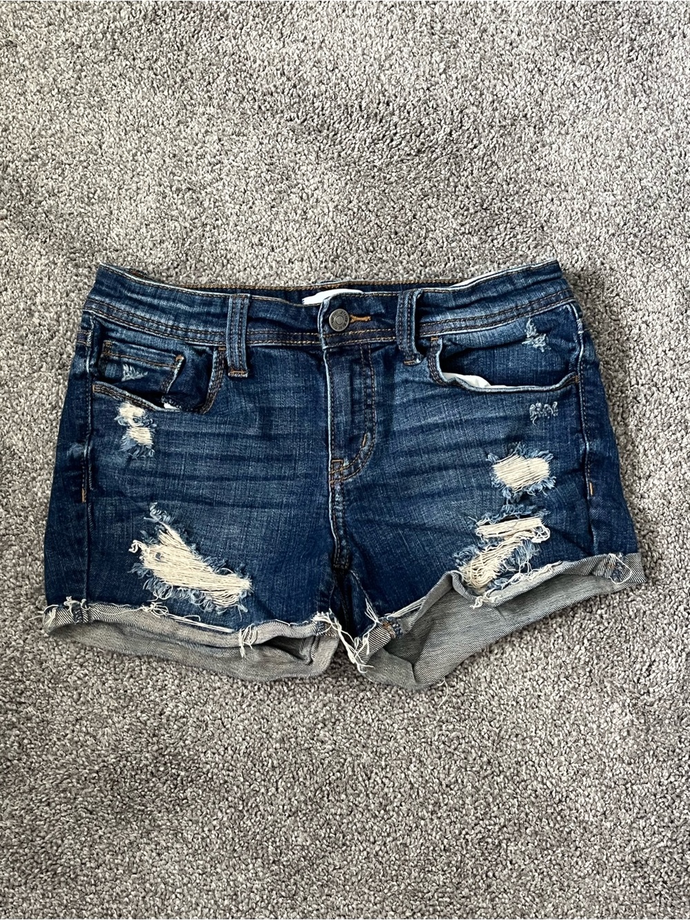 Distressed Dark Blue Denim Cutoff Shorts with Rolled Hem